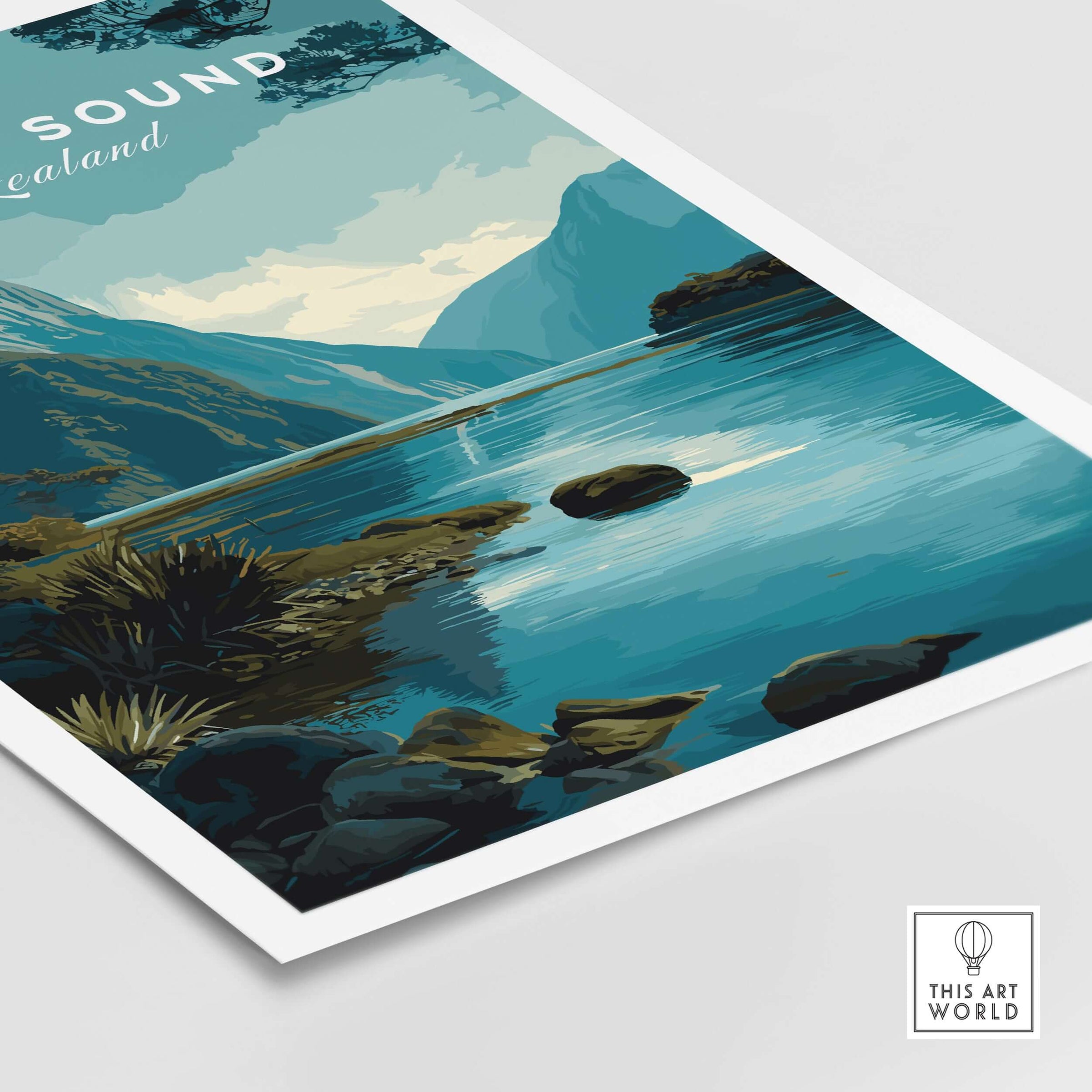 Milford Sound New Zealand Travel Poster Mitre Peak Print Fiordland Landscape Wall Art featuring a serene lake and lush mountains.