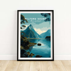 Milford Sound New Zealand Travel Poster Mitre Peak Print Fiordland Landscape Wall Art featuring serene nature scene