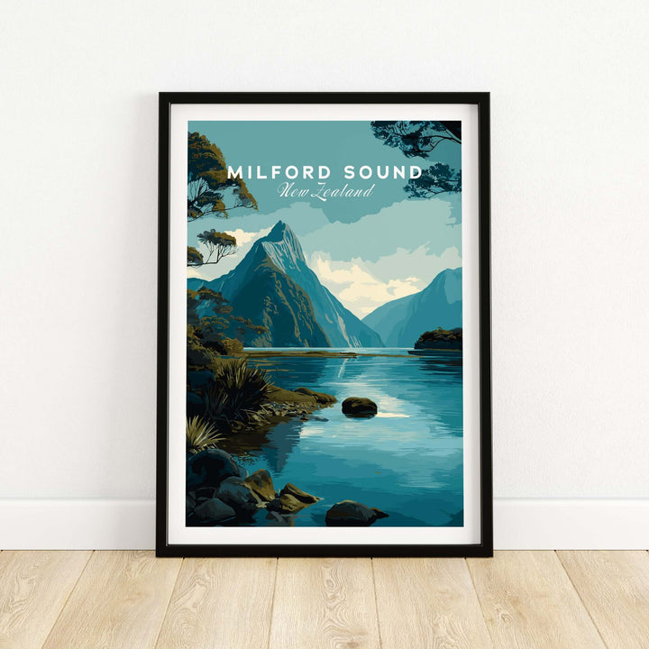 Milford Sound New Zealand travel poster featuring Mitre Peak and serene waters, ideal for wall art decor.