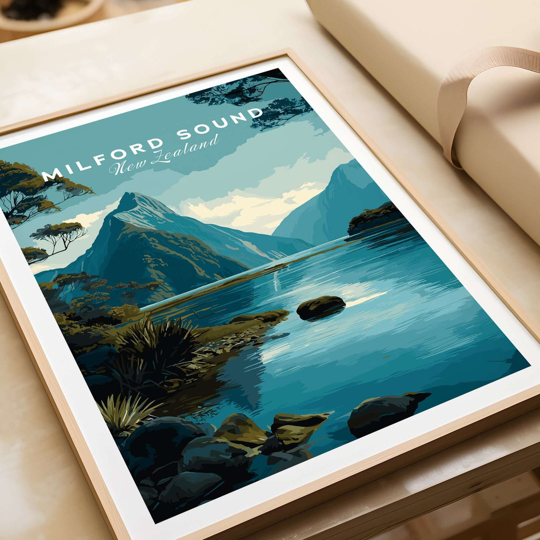 Milford Sound New Zealand travel poster featuring Mitre Peak and serene fiord landscape in vibrant colors.
