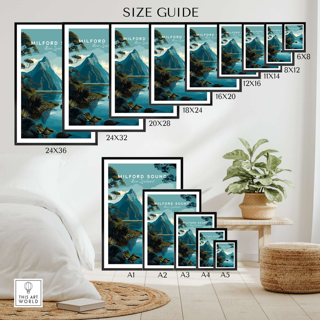 Milford Sound New Zealand travel poster size guide showcasing various print dimensions for wall art decor.