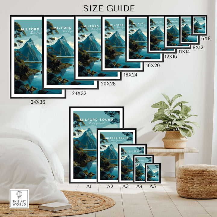 Milford Sound New Zealand travel poster size guide showcasing various print dimensions for wall art decor.
