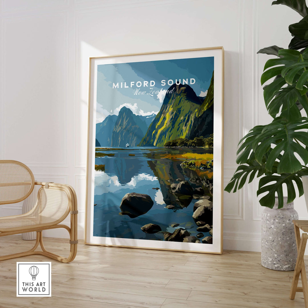 Milford Sound travel print showcasing stunning reflections and fiord cliffs in vibrant colors for wall art decor.