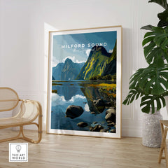Milford Sound New Zealand Travel Print Reflection Poster Fiordland Cruise Wall Art framed in a modern interior setting