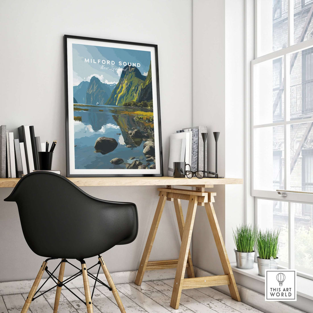 Milford Sound travel print poster featuring reflections in Fiordland, displayed in a stylish workspace.