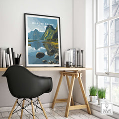 Milford Sound New Zealand Travel Print Reflection Poster Fiordland Cruise Wall Art displayed in a modern workspace.