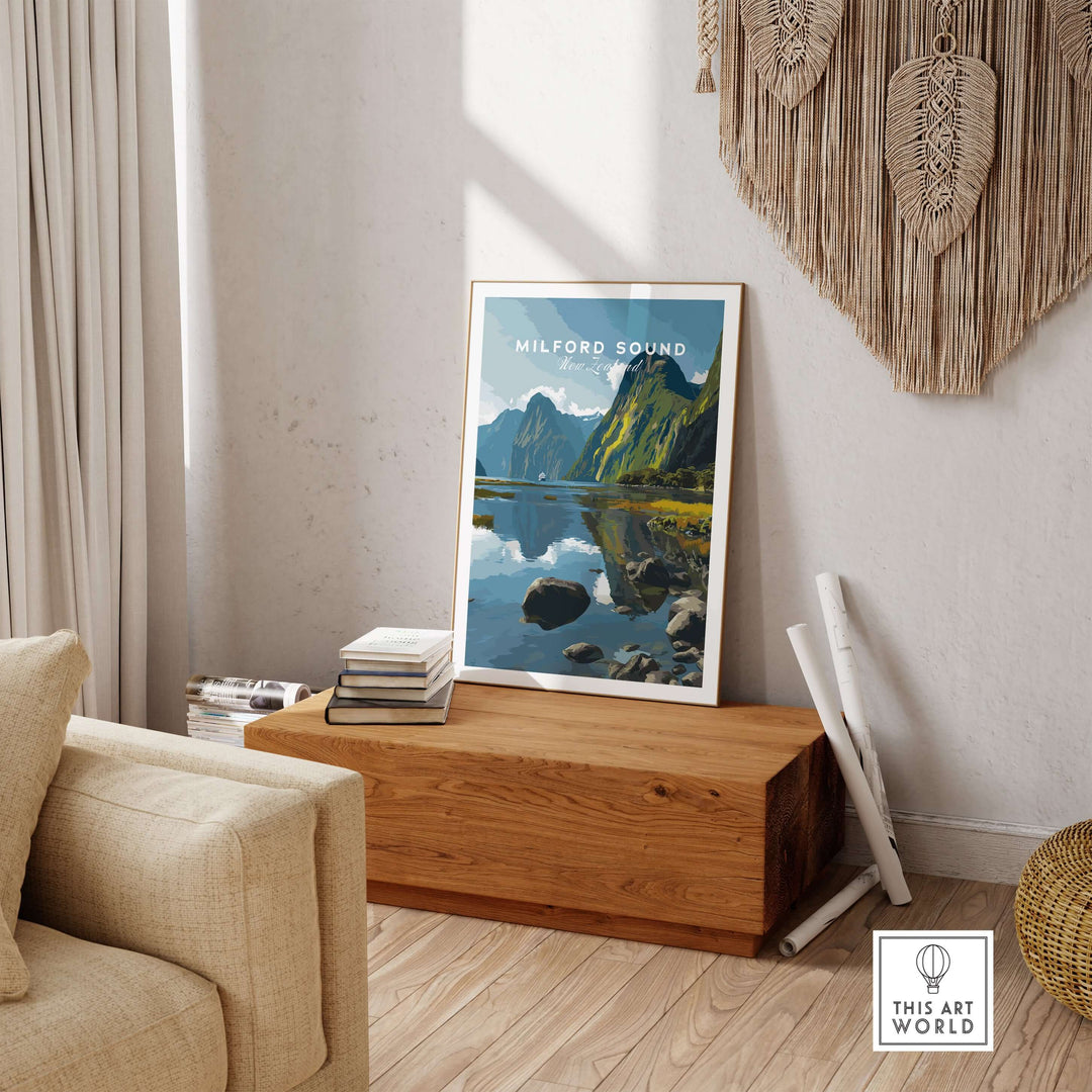 Milford Sound travel print showcasing fiord cliffs and reflections in calm water, perfect for wall art.