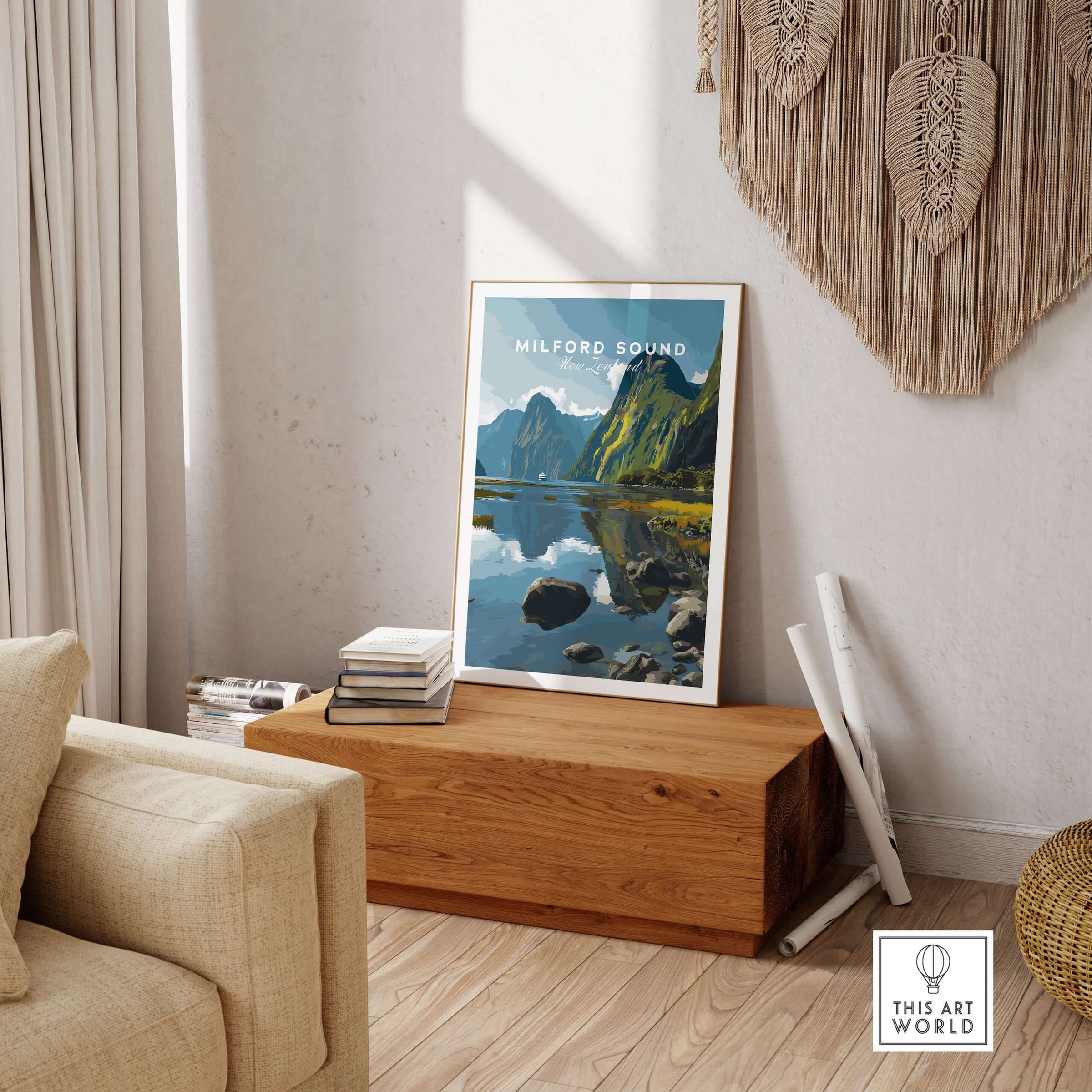Milford Sound New Zealand Travel Print Reflection Poster Fiordland Cruise Wall Art displayed in a cozy living room.