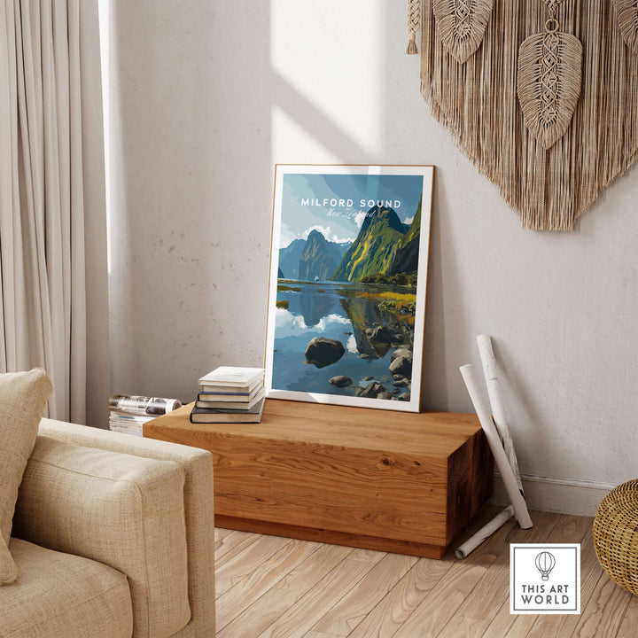 Milford Sound travel print showcasing fiord cliffs and reflections in calm water, perfect for wall art.