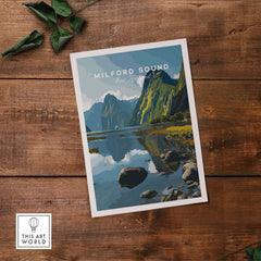 Milford Sound New Zealand Travel Print Reflection Poster Fiordland Cruise Wall Art showcasing stunning fiord scenery.