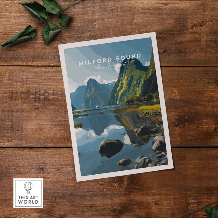 Milford Sound travel print showcasing mountains and reflections in calm water, perfect for Fiordland wall art decor.