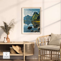 Milford Sound New Zealand Travel Print Reflection Poster Fiordland Cruise Wall Art displayed in modern room setting