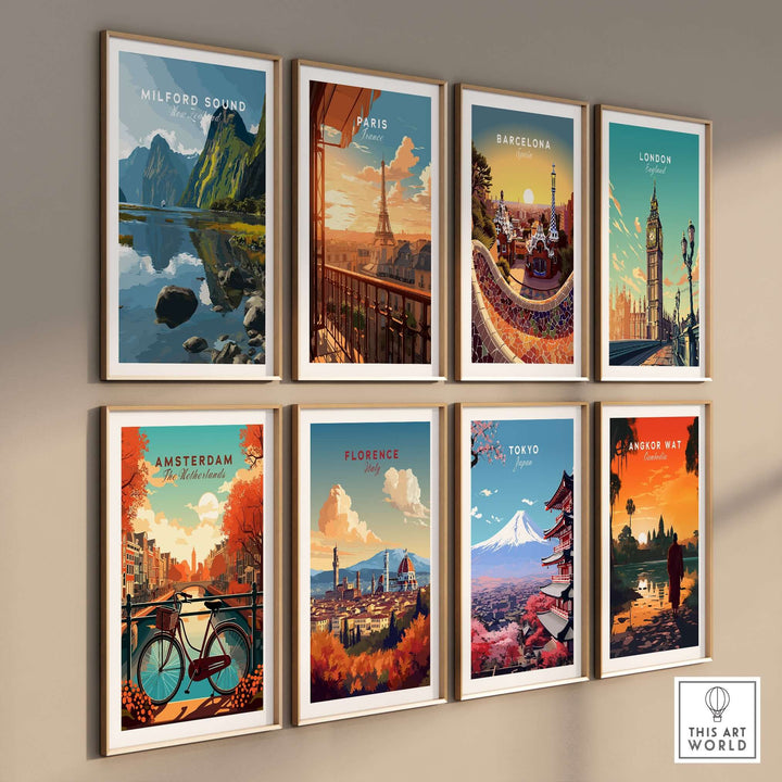 Gallery of travel posters featuring Milford Sound, Paris, Barcelona, London, Amsterdam, Florence, Tokyo, and Angkor Wat.