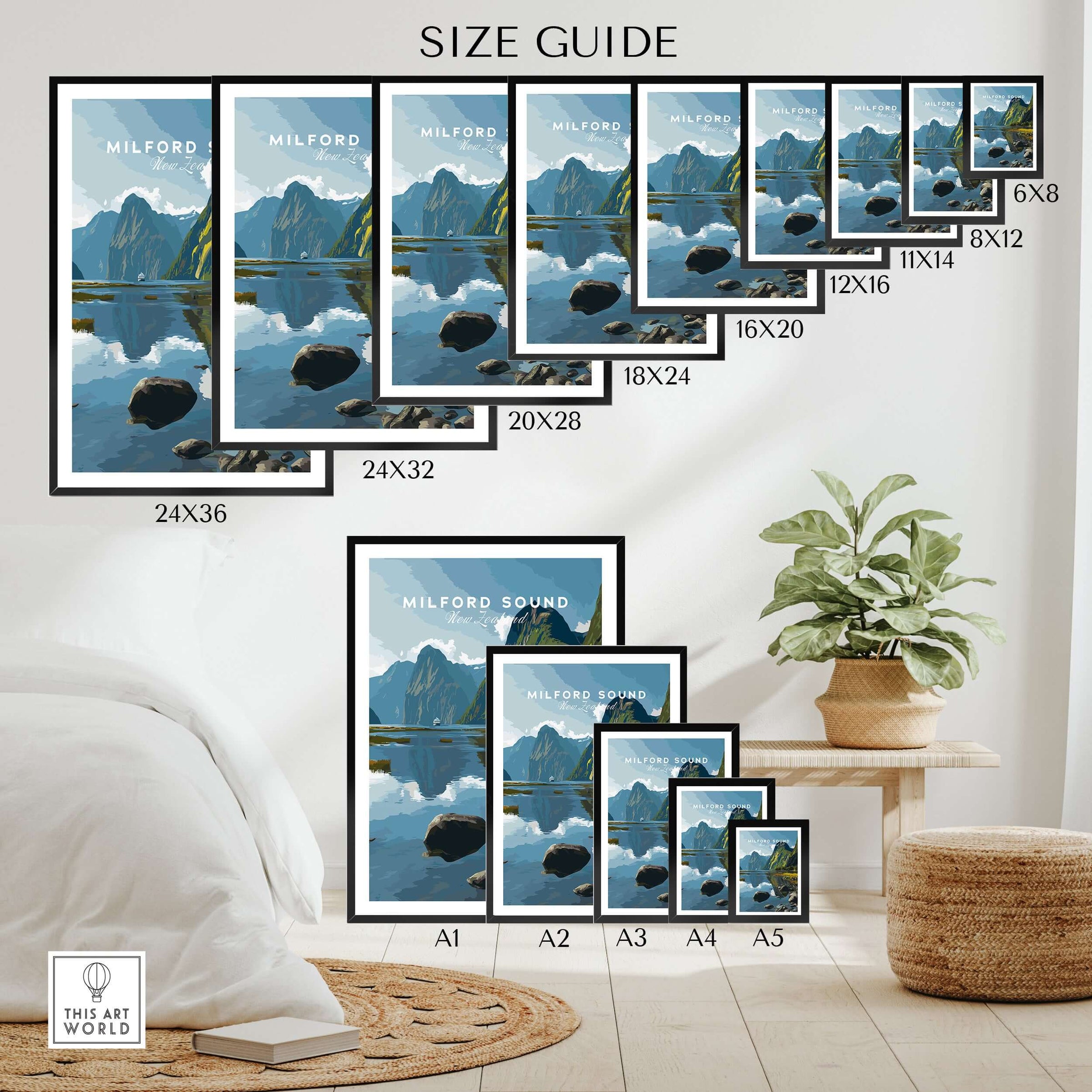 Milford Sound New Zealand Travel Print Reflection Poster Fiordland Cruise Wall Art size guide for various frame dimensions.