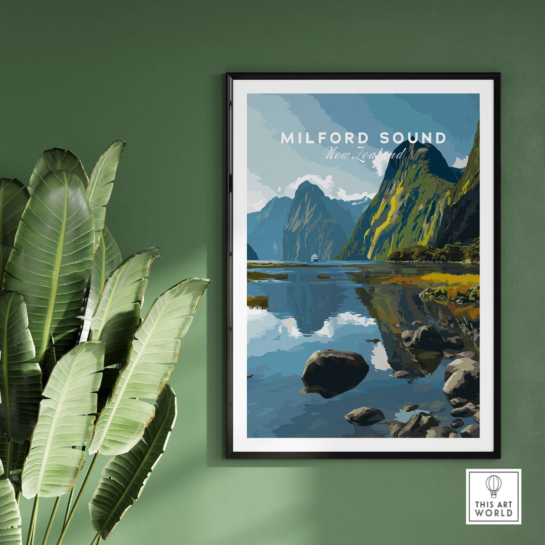 Milford Sound New Zealand travel print poster featuring stunning mountain reflections and serene waters.