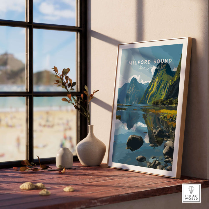 Milford Sound travel print showcasing mirrored fiord reflections and mountains in a stylish home setting.
