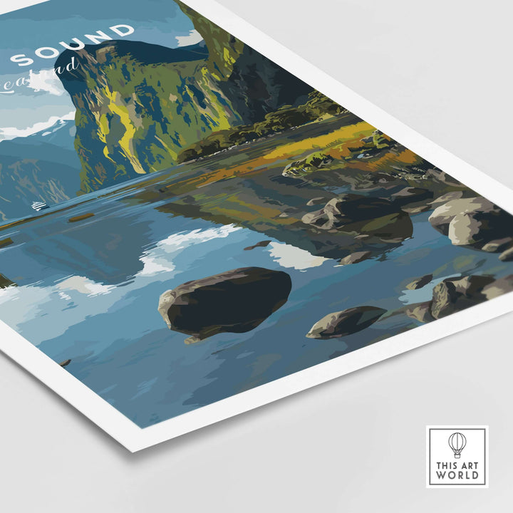 Milford Sound travel print featuring reflections of cliffs in calm water, showcasing Fiordland's beauty and a serene landscape.