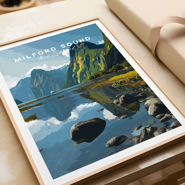 Milford Sound New Zealand travel print reflecting mountain cliffs in calm water, perfect for wall decor.