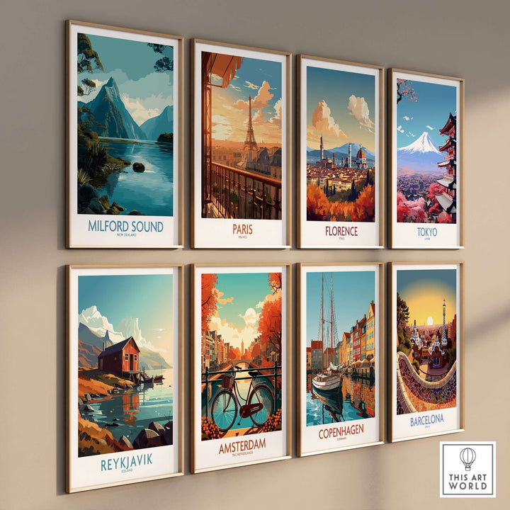 Collection of travel posters featuring iconic scenes from Milford Sound, Paris, Florence, Tokyo, Reykjavik, Amsterdam, Copenhagen, and Barcelona.