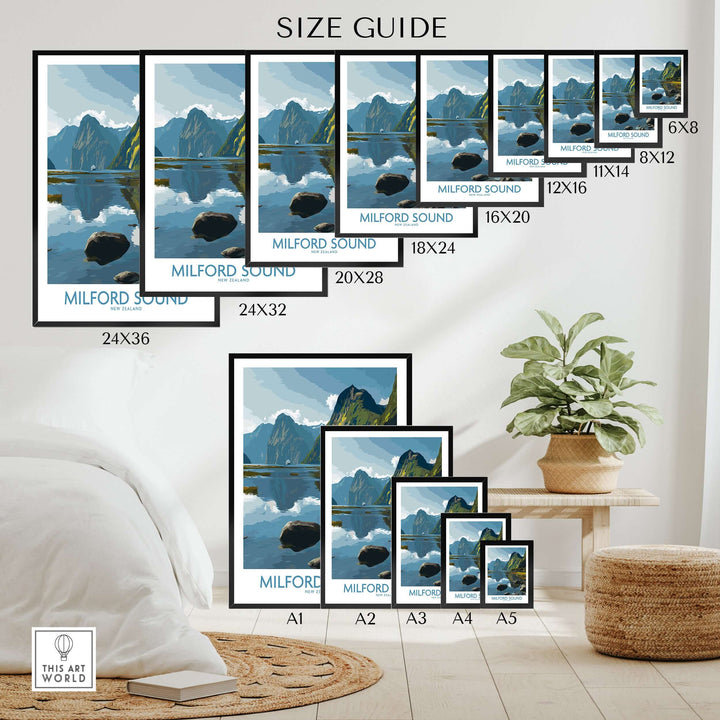 Size guide for Milford Sound poster prints, showing various frame sizes and landscape art options in a home setting.