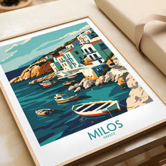 Milos travel poster featuring Greece's beautiful coast and vibrant boats, perfect for home decor and travel enthusiasts.