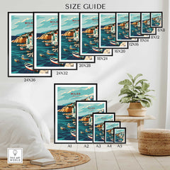 Milos Wall Art Print size guide showcasing various frame sizes and home decor setup with Greece travel poster.