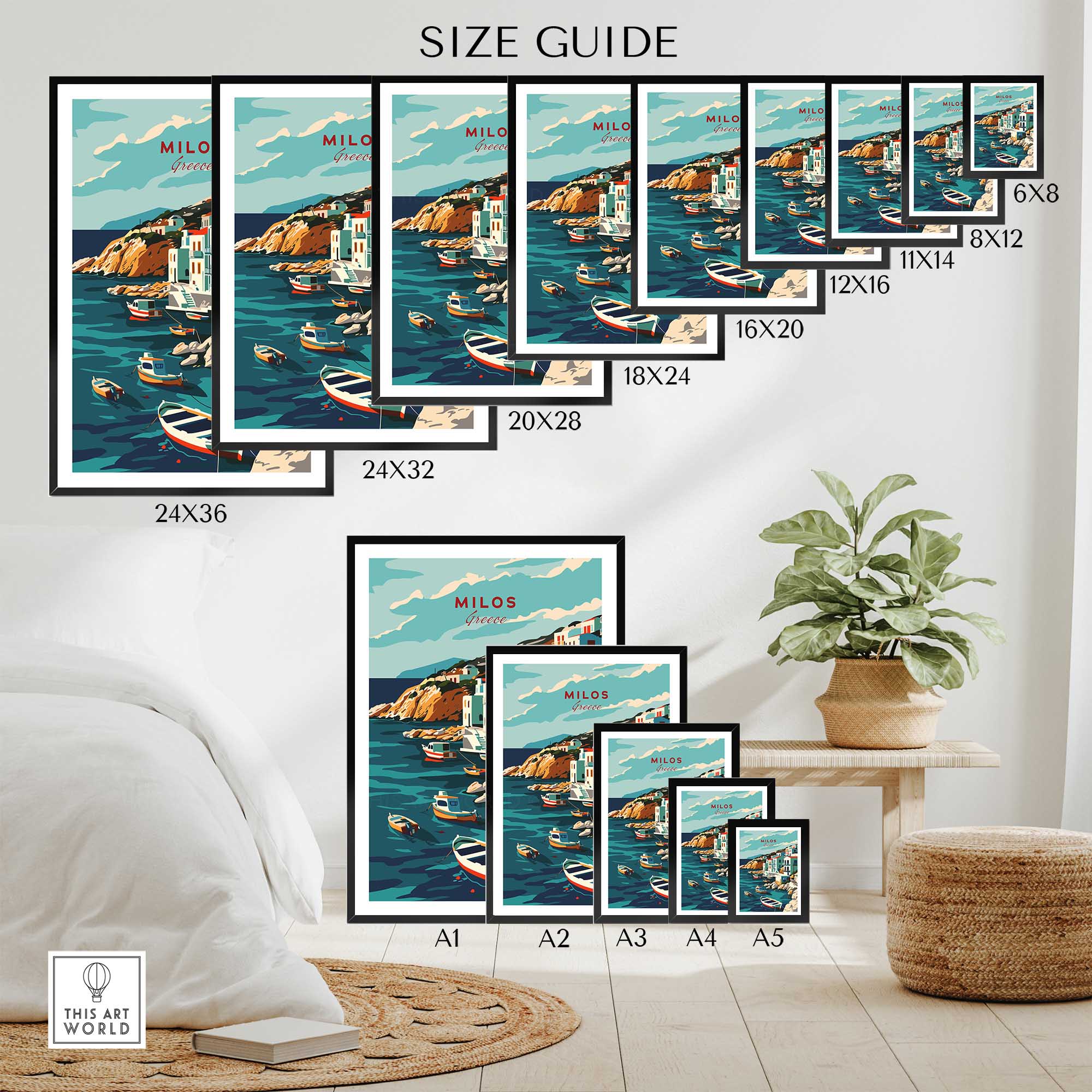 Milos Wall Art Print size guide showcasing various frame sizes and home decor setup with Greece travel poster.