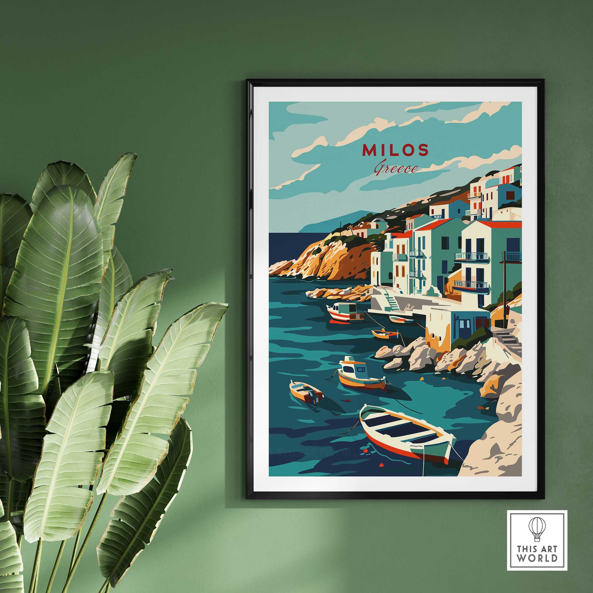 Milos Wall Art Print featuring picturesque Greece coastal scenery and colorful boats.