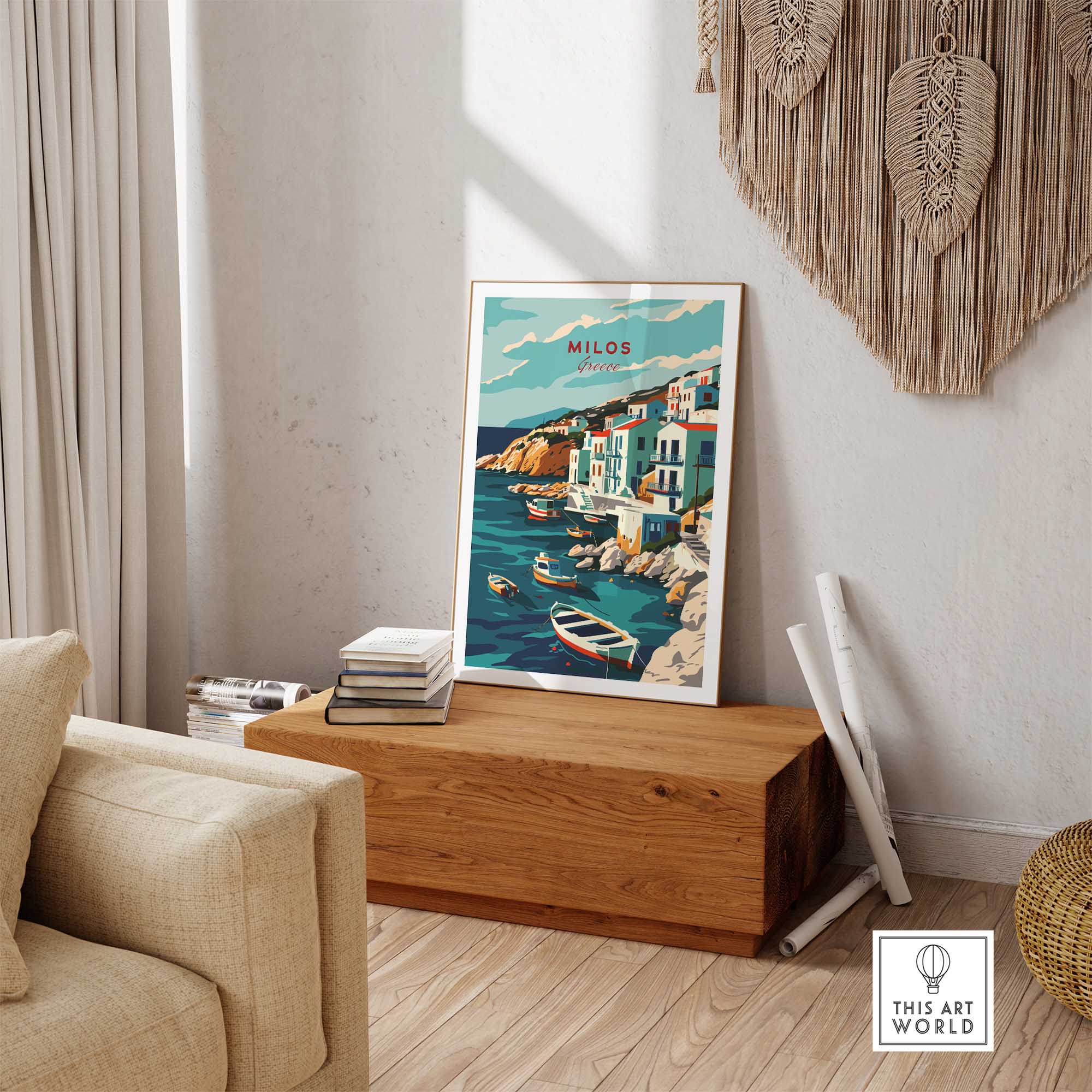 Milos Wall Art Print showcasing a colorful Greece travel poster in a cozy living room setting.