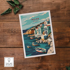 Milos wall art print showcasing the serene beauty of Greece's coastline and colorful buildings on a calm sea.