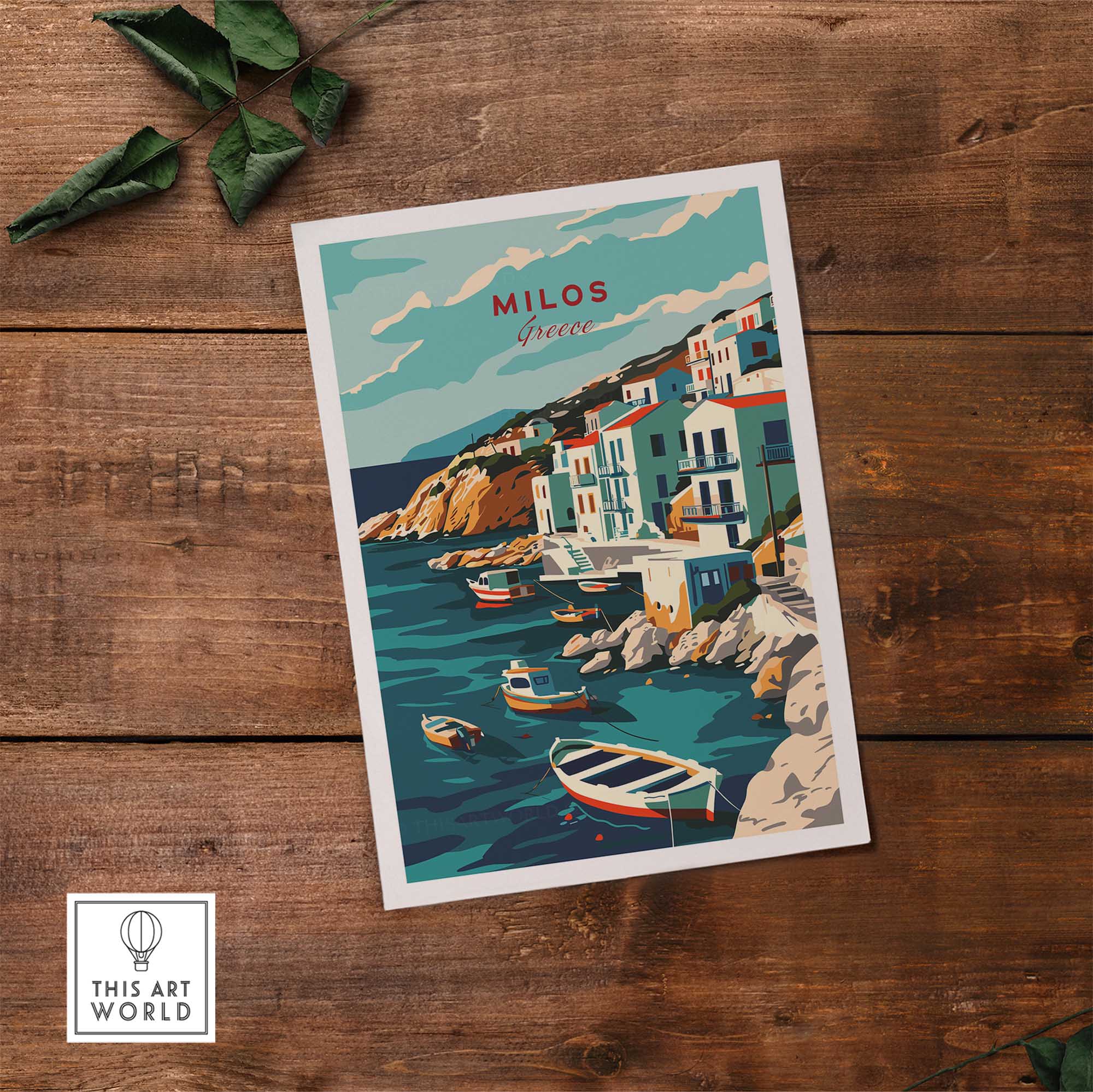 Milos wall art print showcasing the serene beauty of Greece's coastline and colorful buildings on a calm sea.