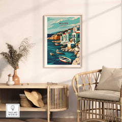 Milos wall art print showcasing a picturesque Greece seascape with boats and charming buildings.