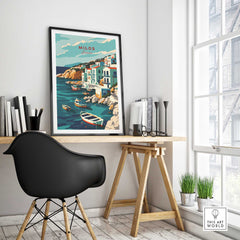 Milos wall art print displayed in a modern workspace, showcasing Greece's scenic beauty and travel inspiration.