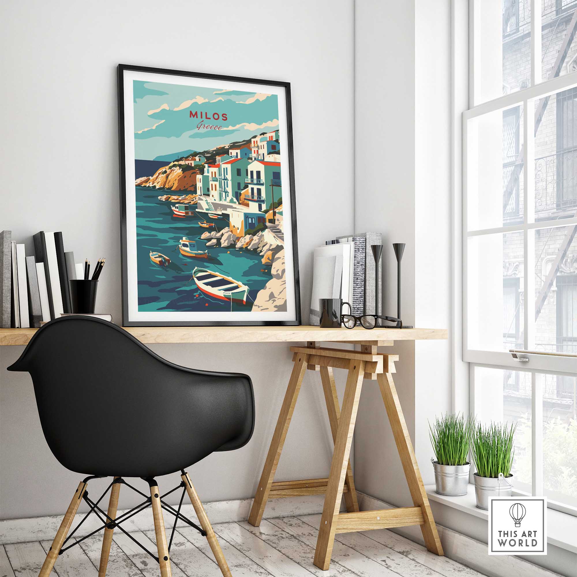 Milos wall art print displayed in a modern workspace, showcasing Greece's scenic beauty and travel inspiration.
