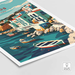Milos wall art print featuring colorful houses and boats on turquoise water, capturing the beauty of Greece.