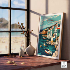 Milos wall art print featuring a serene Greece landscape by the sea, framed and displayed indoors.