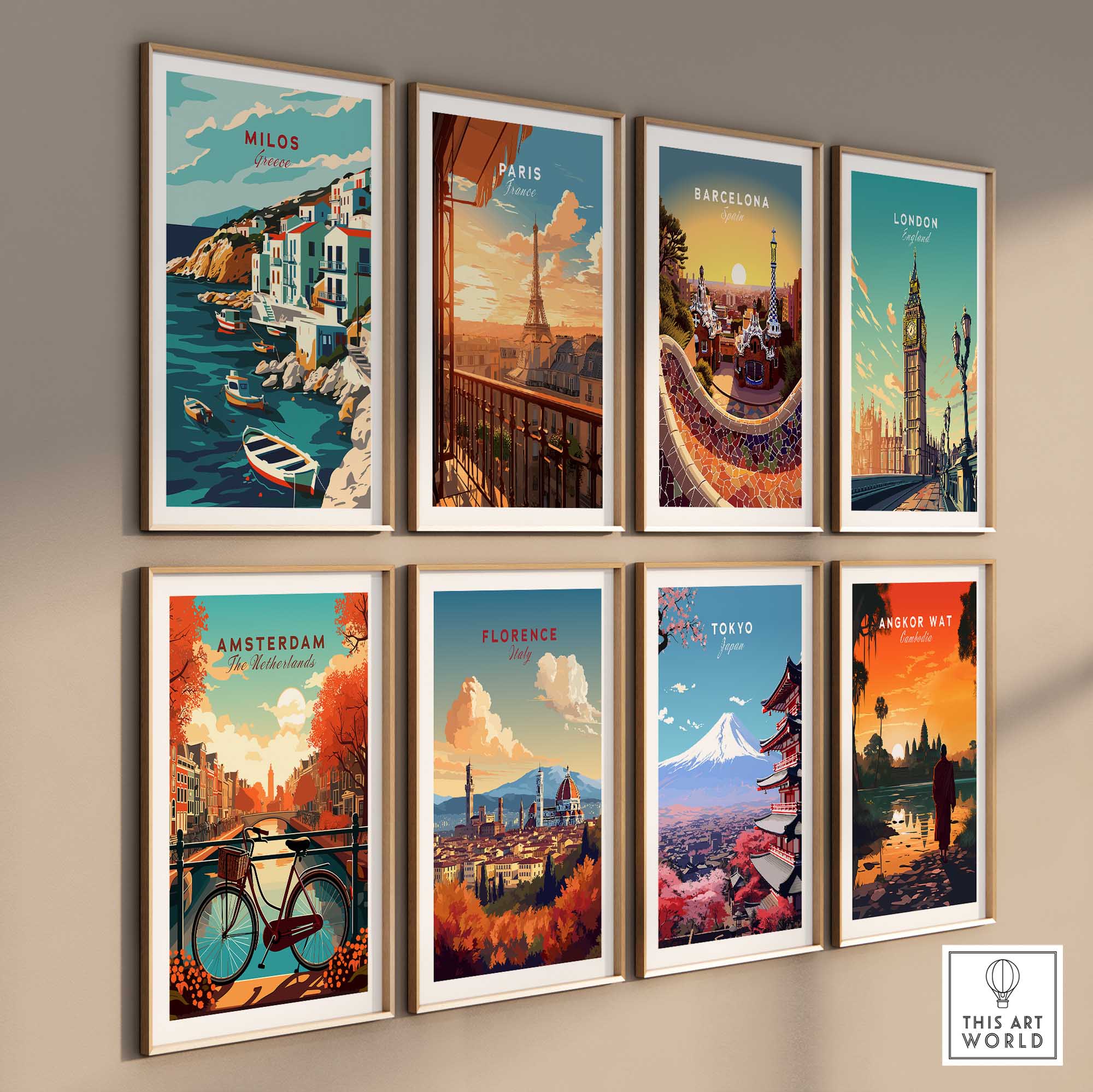 Collection of vibrant travel posters including Milos, Paris, Barcelona, London, Amsterdam, Florence, Tokyo, and Angkor Wat.