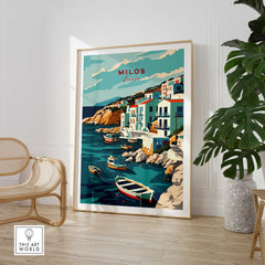 Milos wall art print showcasing Greece's stunning coastline and boats, perfect for travel enthusiasts.