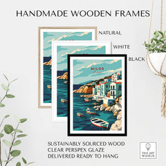 Handmade wooden frames in natural, white, and black for Milos Wall Art Print, showcasing sustainable materials and ready to hang.