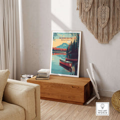 Minnesota USA Lake Canoe Poster - Peaceful Landscape Wall Art displayed in a serene indoor setting with natural decor.