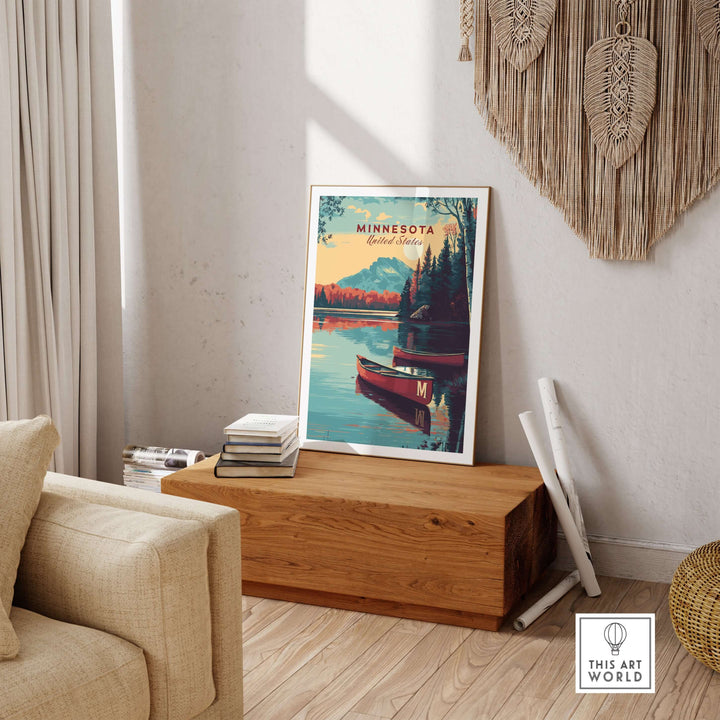 Minnesota lake canoe poster showcasing a serene landscape, perfect wall art for nature lovers seeking tranquility.