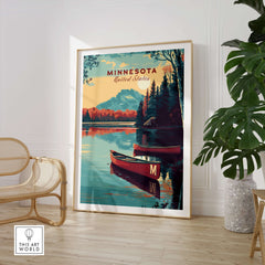 Minnesota USA Lake Canoe Poster - Peaceful Landscape Wall Art featuring serene lakes and canoes in a beautiful setting.