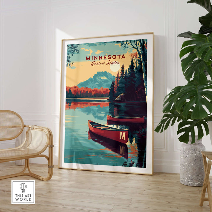Minnesota USA Lake Canoe poster featuring serene landscape and tranquil waters, perfect for nature lovers' wall decor.