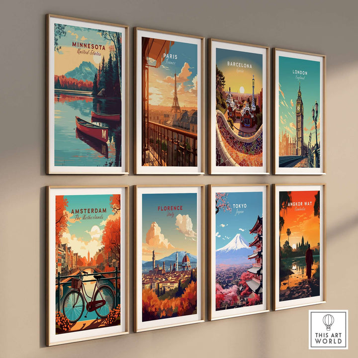 Gallery wall of travel posters featuring Minnesota, Paris, Barcelona, London, Amsterdam, Florence, Tokyo, and Angkor Wat.