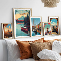 Minnesota USA Lake Canoe Poster - Peaceful Landscape Wall Art displayed among other travel-themed posters.