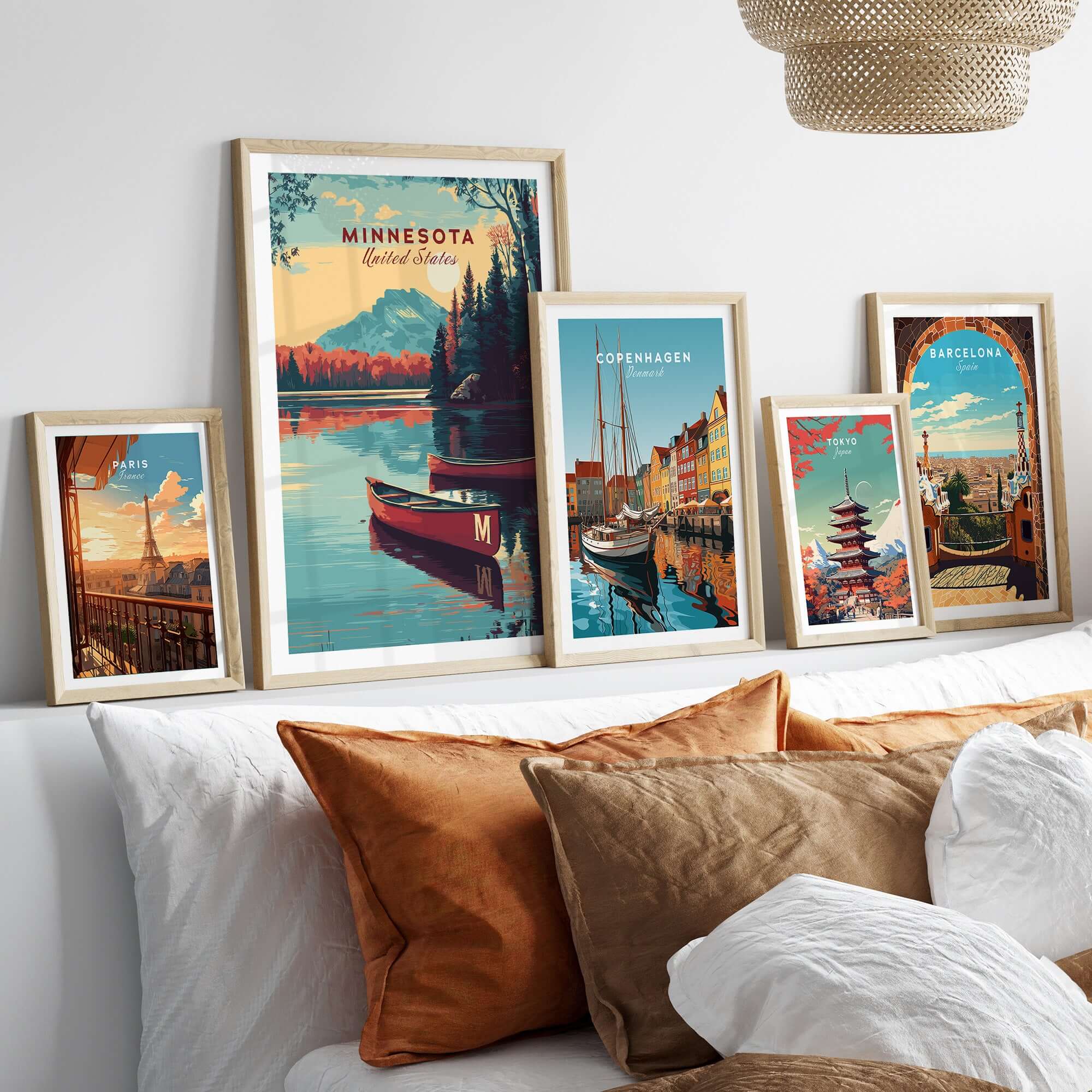Minnesota USA Lake Canoe Poster - Peaceful Landscape Wall Art displayed among other travel-themed posters.
