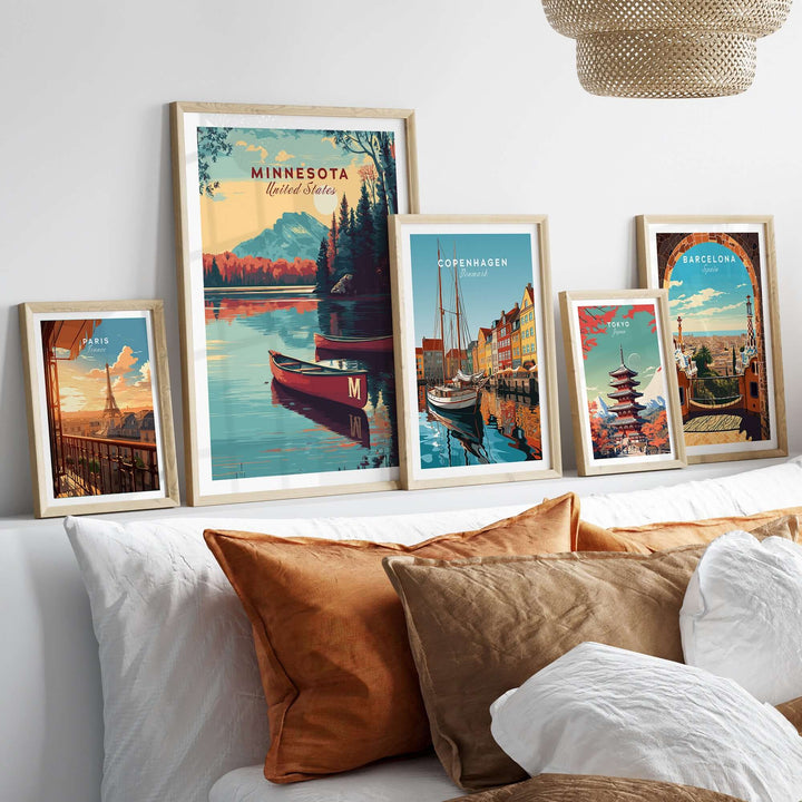 Minnesota Lake Canoe poster alongside international city prints on a stylish wall display.