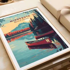 Minnesota USA Lake Canoe Poster - Peaceful Landscape Wall Art showcasing serene lakes and canoe in a tranquil setting.