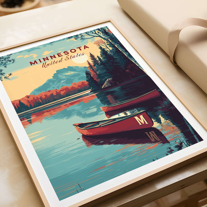 Minnesota USA Lake Canoe Poster showcasing a tranquil landscape with canoes on a peaceful lake, perfect for wall art.