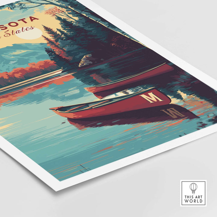 Minnesota USA lake canoe poster featuring a tranquil landscape with red canoes on calm water.